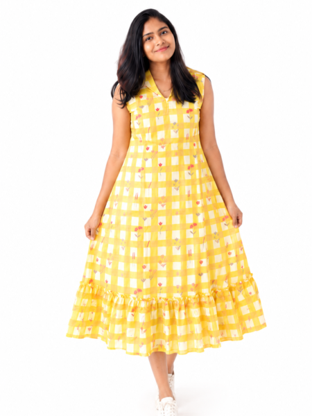 Yellow A- line Floral Dress