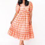 Orange Puff Sleeve Floral Check Dress