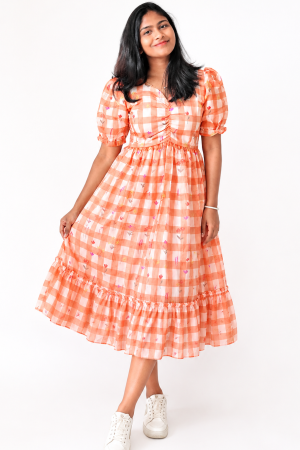 Orange Puff Sleeve Floral Check Dress