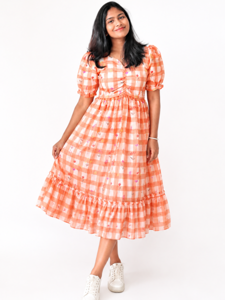 Orange Puff Sleeve Floral Check Dress