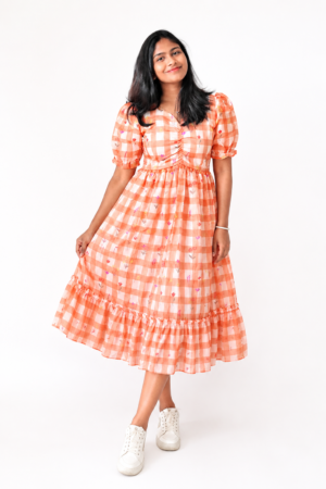 Orange Puff Sleeve Floral Check Dress